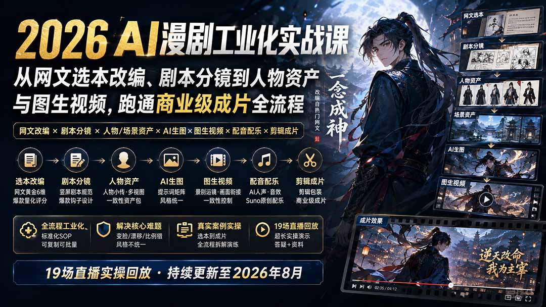 （20068期）2026 AI漫剧工业化实战课-更新：从网文选本改编、剧本分镜到人物资产与图生视频，跑通商业级成片全流程瀚萌资源网-网赚网-网赚项目网-虚拟资源网-国学资源网-易学资源网-本站有全网最新网赚项目-易学课程资源-中医课程资源的在线下载网站！瀚萌资源网