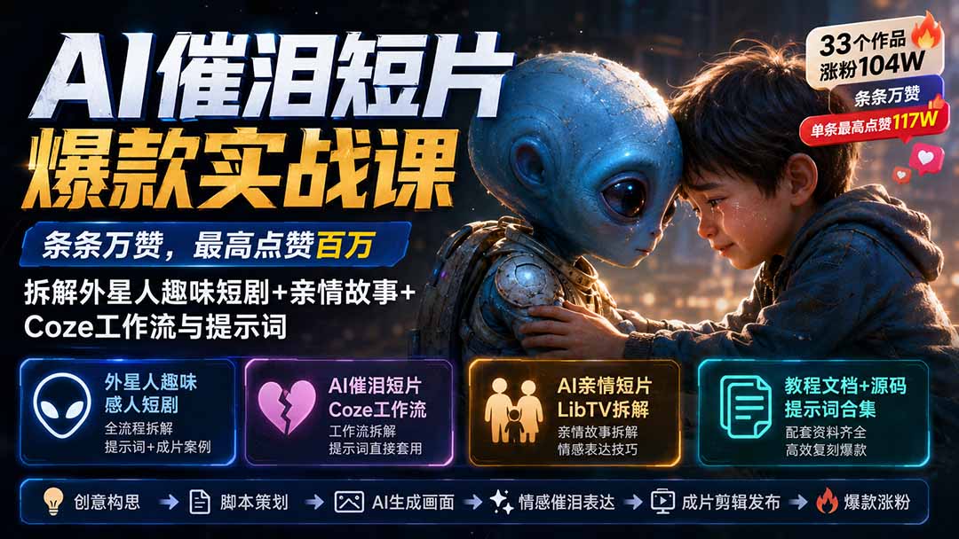 （20038期）AI催泪短片爆款实战课：条条万赞，最高点赞百万，拆解外星人趣味短剧+亲情故事+Coze工作流与提示词瀚萌资源网-网赚网-网赚项目网-虚拟资源网-国学资源网-易学资源网-本站有全网最新网赚项目-易学课程资源-中医课程资源的在线下载网站！瀚萌资源网