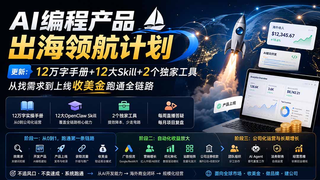 （20015期）AI编程产品出海领航计划-更新：12万字手册+12大Skill+2个独家工具，从找需求到上线收美金跑通全链路瀚萌资源网-网赚网-网赚项目网-虚拟资源网-国学资源网-易学资源网-本站有全网最新网赚项目-易学课程资源-中医课程资源的在线下载网站！瀚萌资源网