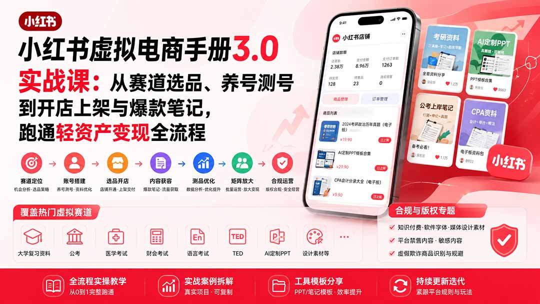 （20054期）小红书虚拟电商手册3.0实战课：从赛道选品、养号测号到开店上架与爆款笔记，跑通轻资产变现全流程瀚萌资源网-网赚网-网赚项目网-虚拟资源网-国学资源网-易学资源网-本站有全网最新网赚项目-易学课程资源-中医课程资源的在线下载网站！瀚萌资源网