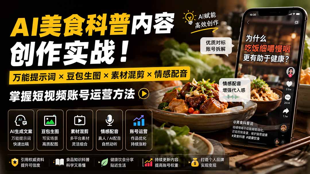 （19730期）外面卖199元-AI美食科普内容创作实战！万能提示词×豆包生图×素材混剪×情感配音，掌握短视频账号运营方法瀚萌资源网-网赚网-网赚项目网-虚拟资源网-国学资源网-易学资源网-本站有全网最新网赚项目-易学课程资源-中医课程资源的在线下载网站！瀚萌资源网