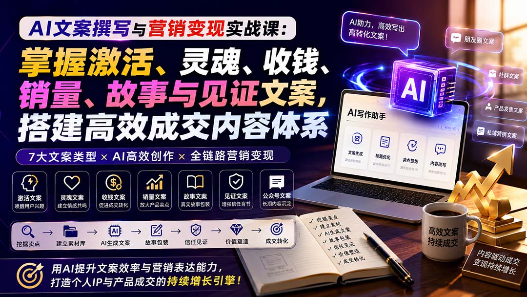 （20126期）AI文案撰写与营销变现实战课：掌握激活、灵魂、收钱、销量、故事与见证文案，搭建高效成交内容体系瀚萌资源网-网赚网-网赚项目网-虚拟资源网-国学资源网-易学资源网-本站有全网最新网赚项目-易学课程资源-中医课程资源的在线下载网站！瀚萌资源网