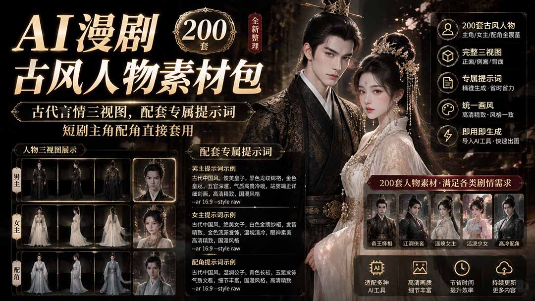 (19693期)AI漫剧古风人物素材包+提示词|200 套古代言情三视图,配套专属提示词短剧主角配角直接套用瀚萌资源网-网赚网-网赚项目网-虚拟资源网-国学资源网-易学资源网-本站有全网最新网赚项目-易学课程资源-中医课程资源的在线下载网站!瀚萌资源网