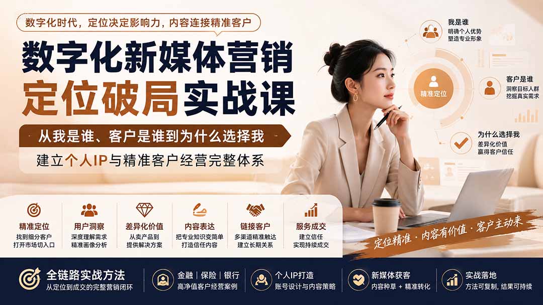 （20009期）数字化新媒体营销定位破局实战课：从我是谁、客户是谁到为什么选择我，建立个人IP与精准客户经营完整体系瀚萌资源网-网赚网-网赚项目网-虚拟资源网-国学资源网-易学资源网-本站有全网最新网赚项目-易学课程资源-中医课程资源的在线下载网站！瀚萌资源网