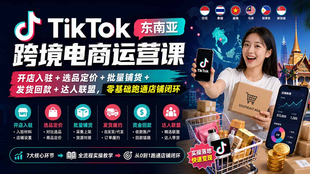 （20059期）TikTok东南亚跨境电商运营课：开店入驻+选品定价+批量铺货+发货回款+达人联盟，零基础跑通店铺闭环瀚萌资源网-网赚网-网赚项目网-虚拟资源网-国学资源网-易学资源网-本站有全网最新网赚项目-易学课程资源-中医课程资源的在线下载网站！瀚萌资源网