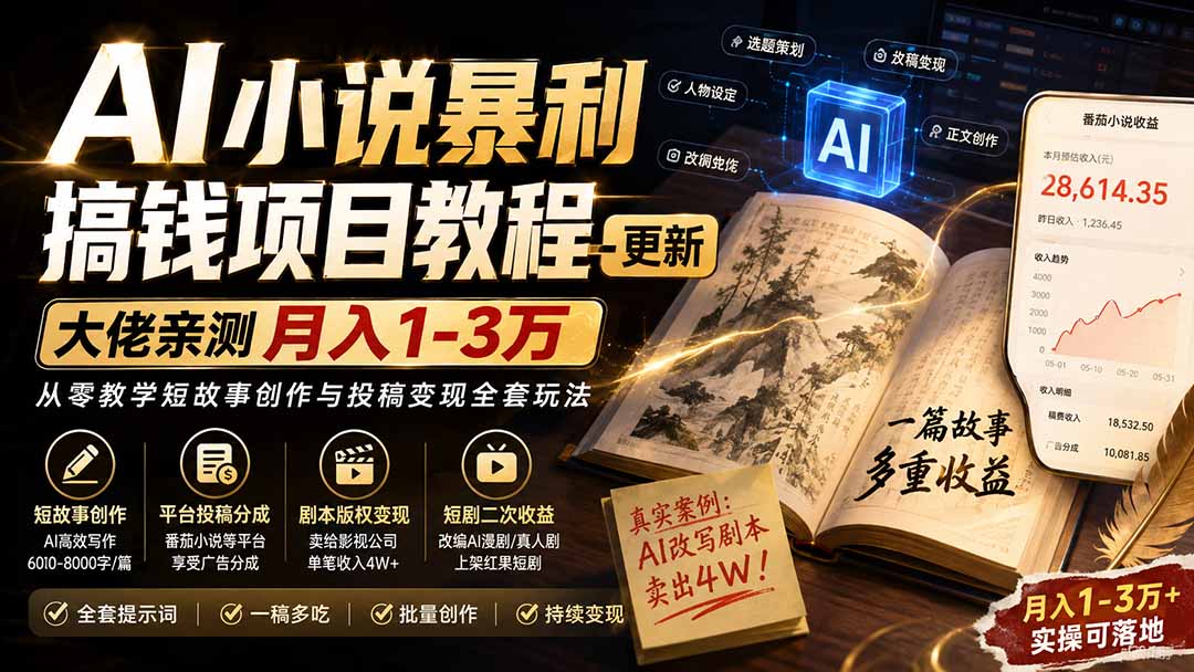 （20044期）AI小说暴利搞钱项目教程-更新，大佬亲测月入1-3万，从零教学短故事创作与投稿变现全套玩法瀚萌资源网-网赚网-网赚项目网-虚拟资源网-国学资源网-易学资源网-本站有全网最新网赚项目-易学课程资源-中医课程资源的在线下载网站！瀚萌资源网
