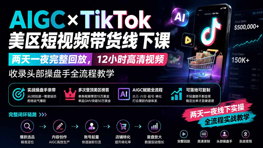 （19778期）AIGC×TikTok美区短视频带货线下课；两天一夜完整回放，12小时高清视频收录头部操盘手全流程教学瀚萌资源网-网赚网-网赚项目网-虚拟资源网-国学资源网-易学资源网-本站有全网最新网赚项目-易学课程资源-中医课程资源的在线下载网站！瀚萌资源网