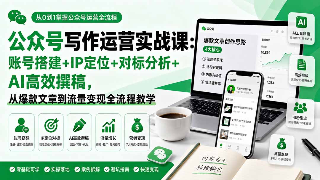 （19914期）公众号写作运营实战课：账号搭建+IP定位+对标分析+AI高效撰稿，从爆款文章到流量变现全流程教学瀚萌资源网-网赚网-网赚项目网-虚拟资源网-国学资源网-易学资源网-本站有全网最新网赚项目-易学课程资源-中医课程资源的在线下载网站！瀚萌资源网