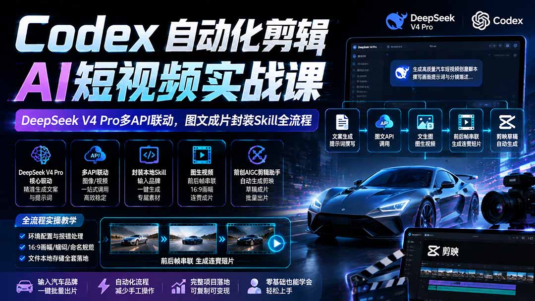 （19711期）Codex自动化剪辑AI短视频实战课｜DeepSeek V4 Pro多API联动，图文成片封装Skill全流程瀚萌资源网-网赚网-网赚项目网-虚拟资源网-国学资源网-易学资源网-本站有全网最新网赚项目-易学课程资源-中医课程资源的在线下载网站！瀚萌资源网