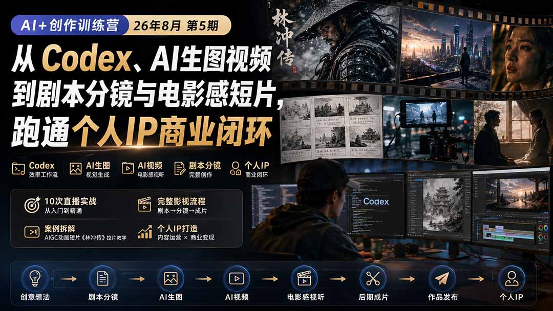 （20145期）AI+创作训练营26年8月第5期：从Codex、AI生图视频到剧本分镜与电影感短片，跑通个人IP商业闭环瀚萌资源网-网赚网-网赚项目网-虚拟资源网-国学资源网-易学资源网-本站有全网最新网赚项目-易学课程资源-中医课程资源的在线下载网站！瀚萌资源网