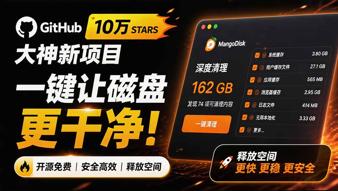 （19894期）在Gtihub上做出10万 stars 的大神，又发布新项目了！一键让磁盘更干净，开源免费清理工具 MangoDisk瀚萌资源网-网赚网-网赚项目网-虚拟资源网-国学资源网-易学资源网-本站有全网最新网赚项目-易学课程资源-中医课程资源的在线下载网站！瀚萌资源网