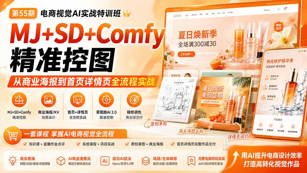 （20027期）电商视觉 AI实战训练营第55期：MJ+SD+Comfy精准控图，从商业海报到首页详情页全流程实战瀚萌资源网-网赚网-网赚项目网-虚拟资源网-国学资源网-易学资源网-本站有全网最新网赚项目-易学课程资源-中医课程资源的在线下载网站！瀚萌资源网