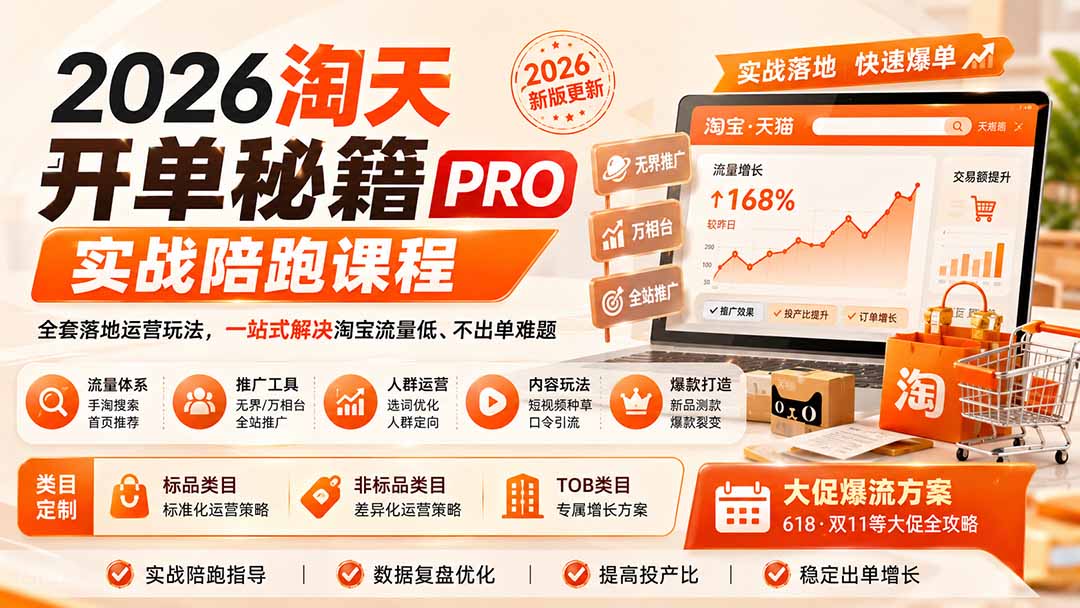 （20029期）2026淘天开单秘籍PRO实战陪跑课程：全套落地运营玩法，一站式解决淘宝流量低、不出单难题（更新260823）瀚萌资源网-网赚网-网赚项目网-虚拟资源网-国学资源网-易学资源网-本站有全网最新网赚项目-易学课程资源-中医课程资源的在线下载网站！瀚萌资源网