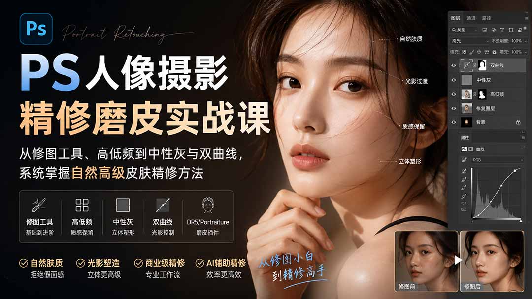 （20061期）PS人像摄影精修磨皮实战课：从修图工具、高低频到中性灰与双曲线，系统掌握自然高级皮肤精修方法瀚萌资源网-网赚网-网赚项目网-虚拟资源网-国学资源网-易学资源网-本站有全网最新网赚项目-易学课程资源-中医课程资源的在线下载网站！瀚萌资源网