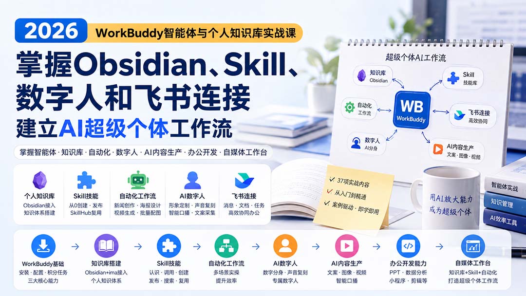 （20169期）2026 WorkBuddy智能体与个人知识库实战课：掌握Obsidian、Skill、数字人和飞书连接，建立AI超级个体工作流瀚萌资源网-网赚网-网赚项目网-虚拟资源网-国学资源网-易学资源网-本站有全网最新网赚项目-易学课程资源-中医课程资源的在线下载网站！瀚萌资源网