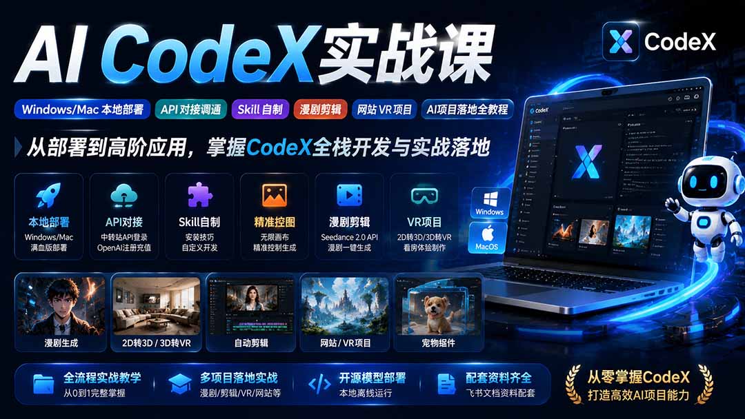（19769期）AI  CodeX实战课｜Windows/Mac 本地部署｜API 对接调通｜Skill 自制｜漫剧剪辑｜网站 VR 项目｜AI项目落地全教程瀚萌资源网-网赚网-网赚项目网-虚拟资源网-国学资源网-易学资源网-本站有全网最新网赚项目-易学课程资源-中医课程资源的在线下载网站！瀚萌资源网