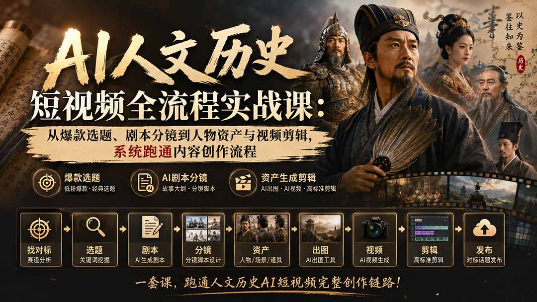 （20074期）AI人文历史短视频全流程实战课：从爆款选题、剧本分镜到人物资产与视频剪辑，系统跑通内容创作流程瀚萌资源网-网赚网-网赚项目网-虚拟资源网-国学资源网-易学资源网-本站有全网最新网赚项目-易学课程资源-中医课程资源的在线下载网站！瀚萌资源网