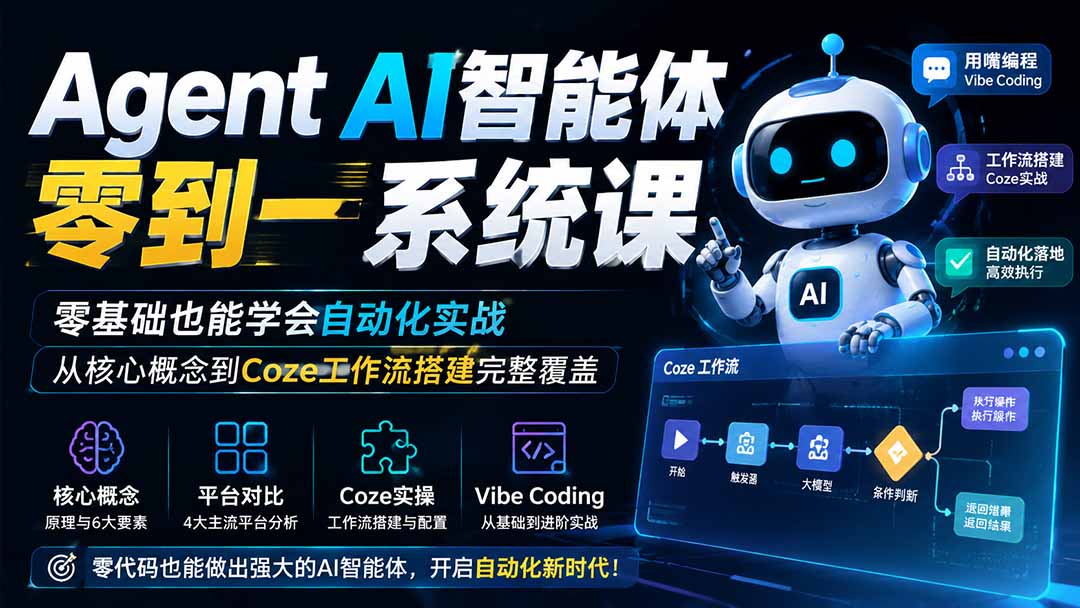 （19753期）Agent AI智能体零到一系统课；零基础也能学会自动化实战，从核心概念到Coze工作流搭建完整覆盖瀚萌资源网-网赚网-网赚项目网-虚拟资源网-国学资源网-易学资源网-本站有全网最新网赚项目-易学课程资源-中医课程资源的在线下载网站！瀚萌资源网