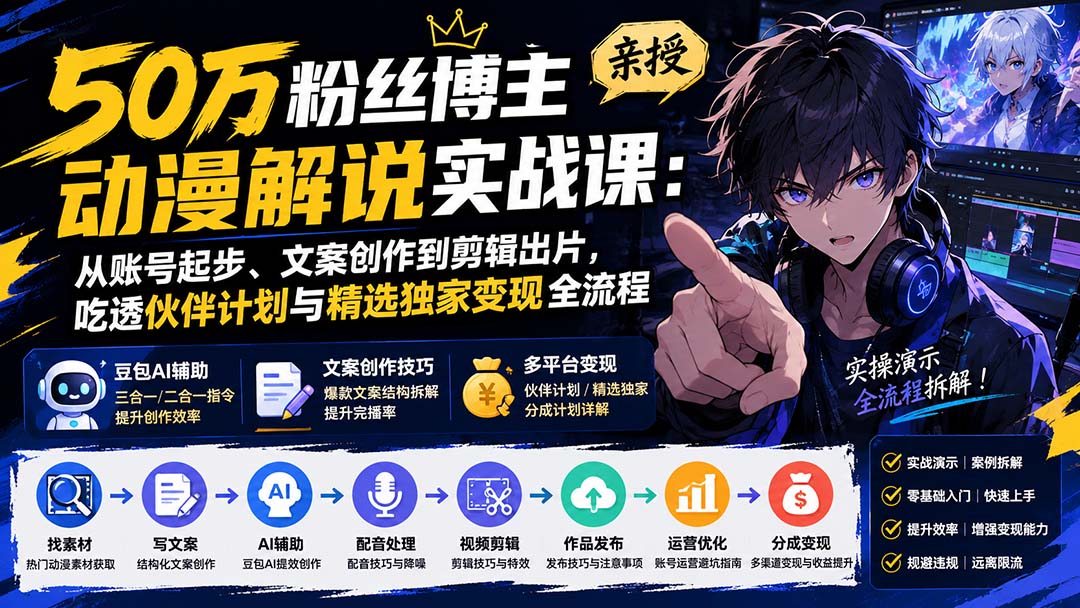 （20144期）50万粉丝博主亲授动漫解说实战课：从账号起步、文案创作到剪辑出片，吃透伙伴计划与精选独家变现全流程瀚萌资源网-网赚网-网赚项目网-虚拟资源网-国学资源网-易学资源网-本站有全网最新网赚项目-易学课程资源-中医课程资源的在线下载网站！瀚萌资源网