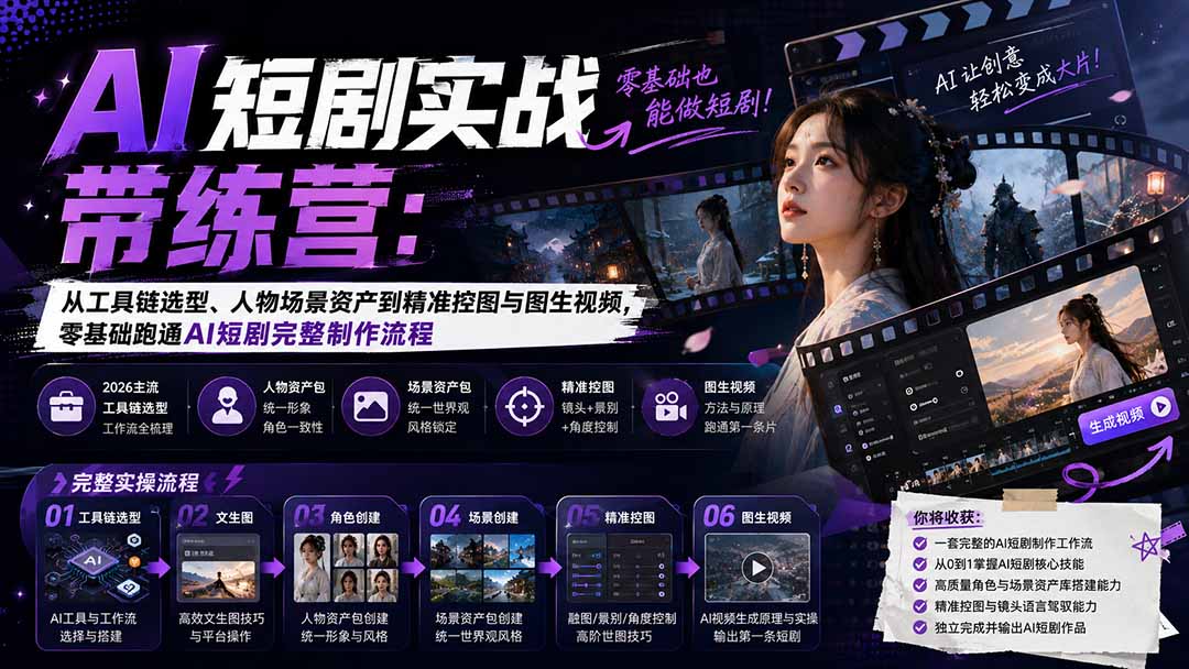 （20064期）AI短剧实战训练营：从工具链选型、人物场景资产到精准控图与图生视频，零基础跑通AI短剧完整制作流程瀚萌资源网-网赚网-网赚项目网-虚拟资源网-国学资源网-易学资源网-本站有全网最新网赚项目-易学课程资源-中医课程资源的在线下载网站！瀚萌资源网