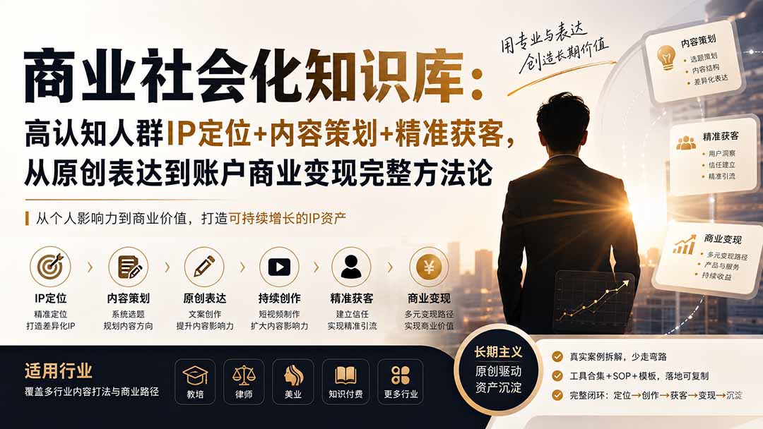 （19733期）商业社会化知识库：高认知人群IP定位+内容策划+精准获客，从原创表达到账户商业变现完整方法论瀚萌资源网-网赚网-网赚项目网-虚拟资源网-国学资源网-易学资源网-本站有全网最新网赚项目-易学课程资源-中医课程资源的在线下载网站！瀚萌资源网