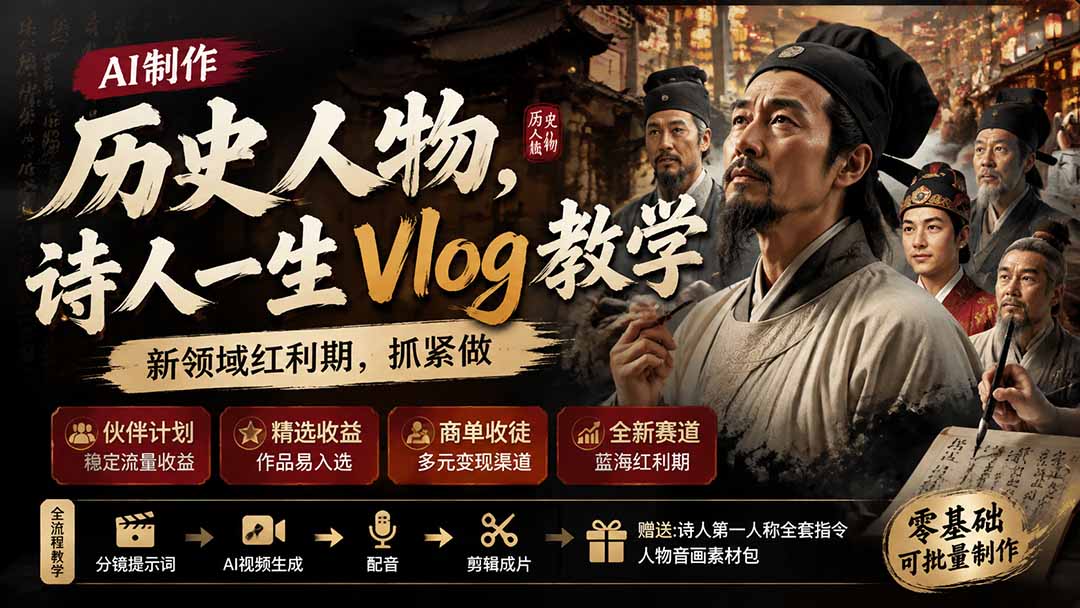 （19758期）历史人物，诗人一生Vlog教学， AI制作丨伙伴计划丨精选收益丨商单收徒 ，新领域红利期，抓紧做瀚萌资源网-网赚网-网赚项目网-虚拟资源网-国学资源网-易学资源网-本站有全网最新网赚项目-易学课程资源-中医课程资源的在线下载网站！瀚萌资源网
