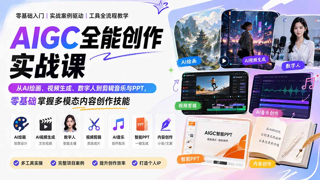 （20065期）AIGC全能创作实战课：从AI绘画、视频生成、数字人到剪辑音乐与PPT，零基础掌握多模态内容创作技能瀚萌资源网-网赚网-网赚项目网-虚拟资源网-国学资源网-易学资源网-本站有全网最新网赚项目-易学课程资源-中医课程资源的在线下载网站！瀚萌资源网