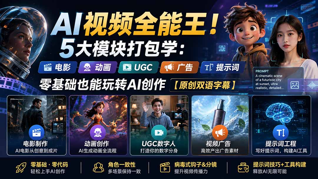 （20048期）AI视频全能王！5大模块打包学：电影、动画、UGC、广告、提示词，零基础也能玩转AI创作【原创双语字幕】瀚萌资源网-网赚网-网赚项目网-虚拟资源网-国学资源网-易学资源网-本站有全网最新网赚项目-易学课程资源-中医课程资源的在线下载网站！瀚萌资源网