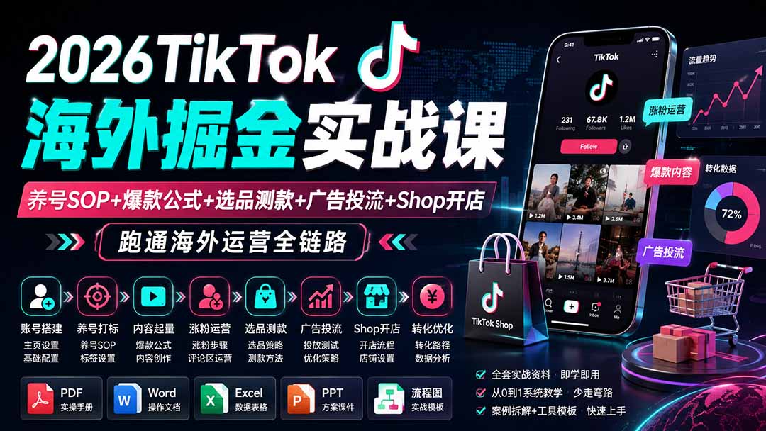 （19973期）2026TikTok海外掘金实战课——养号SOP+爆款公式+选品测款+广告投流+Shop开店，跑通海外运营全链路瀚萌资源网-网赚网-网赚项目网-虚拟资源网-国学资源网-易学资源网-本站有全网最新网赚项目-易学课程资源-中医课程资源的在线下载网站！瀚萌资源网