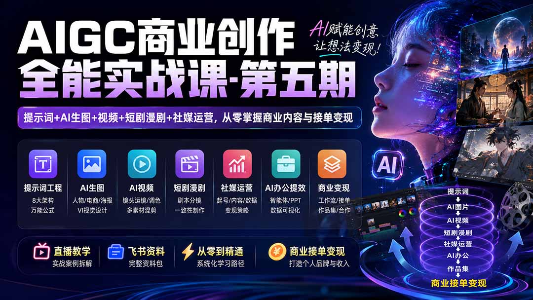 （19753期）AIGC商业创作全能实战课-第五期：提示词+AI生图+视频+短剧漫剧+社媒运营，从零掌握商业内容与接单变现瀚萌资源网-网赚网-网赚项目网-虚拟资源网-国学资源网-易学资源网-本站有全网最新网赚项目-易学课程资源-中医课程资源的在线下载网站！瀚萌资源网