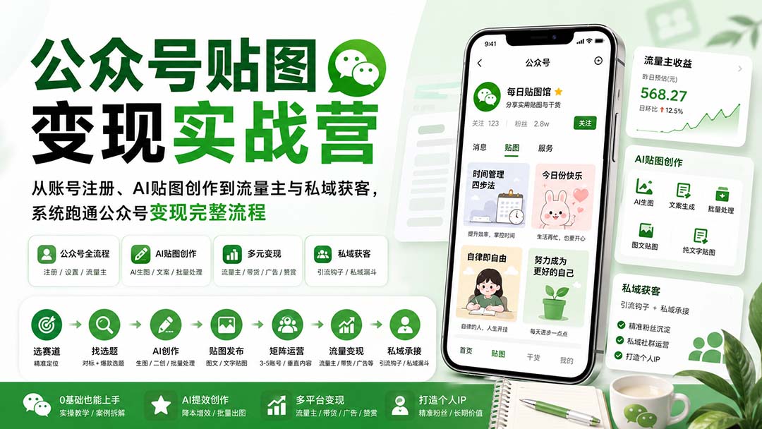 （20120期）公众号贴图变现实战营：从账号注册、AI贴图创作到流量主与私域获客，系统跑通公众号变现完整流程瀚萌资源网-网赚网-网赚项目网-虚拟资源网-国学资源网-易学资源网-本站有全网最新网赚项目-易学课程资源-中医课程资源的在线下载网站！瀚萌资源网