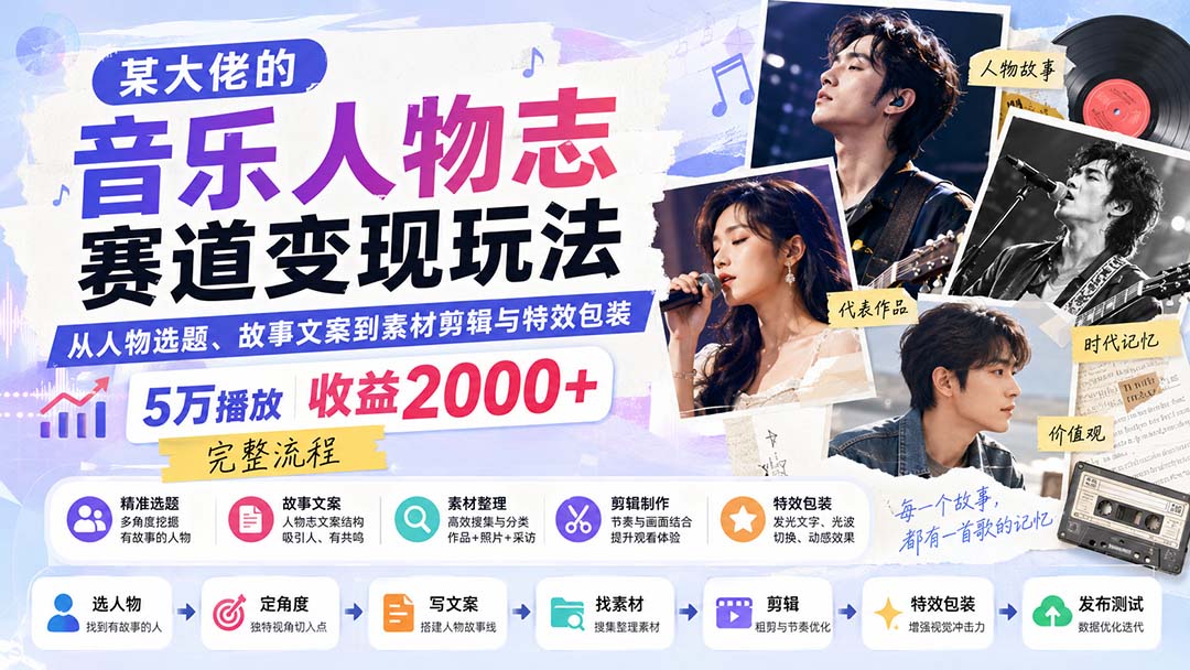 （20121期）某大佬的音乐人物志赛道变现玩法：从人物选题、故事文案到素材剪辑与特效包装，5万播放收益2000+完整流程瀚萌资源网-网赚网-网赚项目网-虚拟资源网-国学资源网-易学资源网-本站有全网最新网赚项目-易学课程资源-中医课程资源的在线下载网站！瀚萌资源网