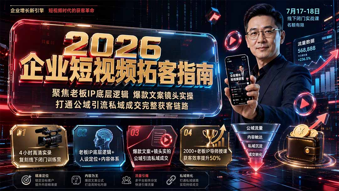 （19667期）2026企业短视频拓客指南：聚焦老板IP底层逻辑，爆款文案镜头实操，打通公域引流私域成交完整获客链路瀚萌资源网-网赚网-网赚项目网-虚拟资源网-国学资源网-易学资源网-本站有全网最新网赚项目-易学课程资源-中医课程资源的在线下载网站！瀚萌资源网