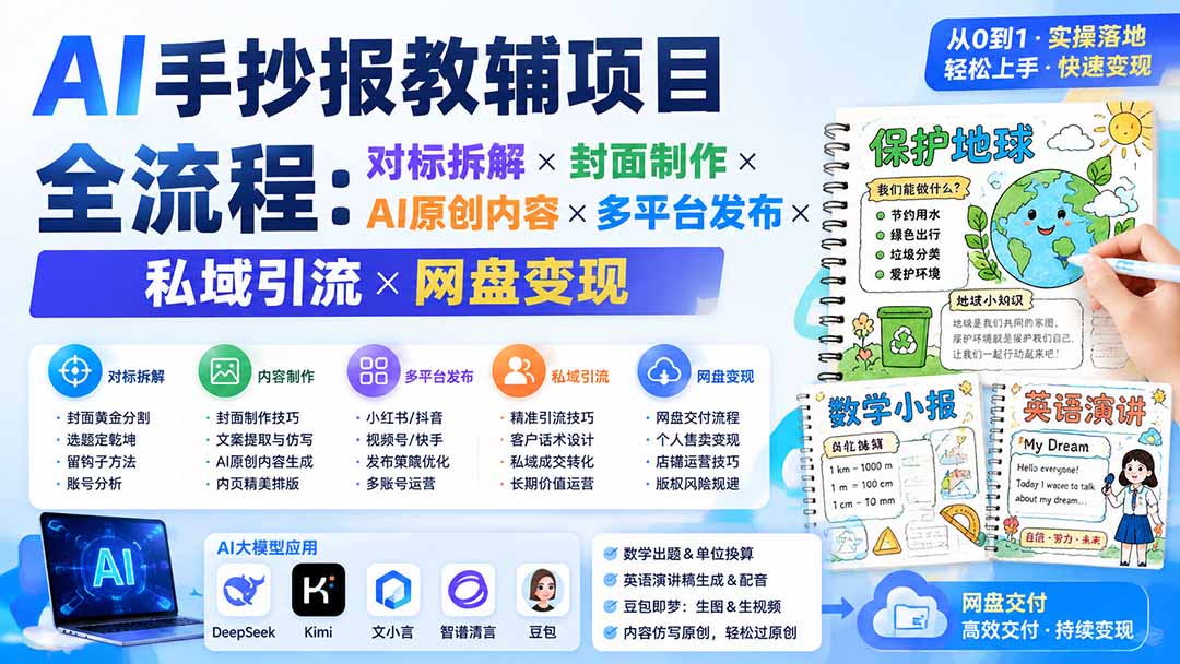 （19785期）AI手抄报教辅项目全流程：对标拆解×封面制作×AI原创内容×多平台发布×私域引流×网盘变现瀚萌资源网-网赚网-网赚项目网-虚拟资源网-国学资源网-易学资源网-本站有全网最新网赚项目-易学课程资源-中医课程资源的在线下载网站！瀚萌资源网