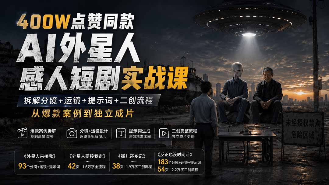 （20052期）400W点赞同款AI外星人感人短剧实战课：拆解分镜+运镜+提示词+二创流程，从爆款案例到独立成片瀚萌资源网-网赚网-网赚项目网-虚拟资源网-国学资源网-易学资源网-本站有全网最新网赚项目-易学课程资源-中医课程资源的在线下载网站！瀚萌资源网