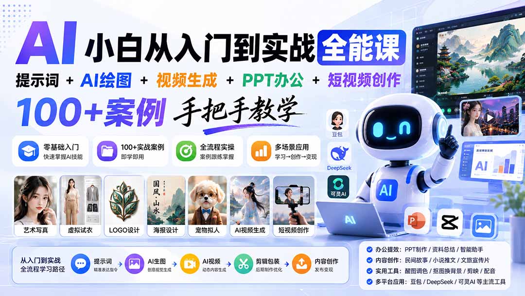（20018期）AI小白从入门到实战全能课：提示词+AI绘图+视频生成+PPT办公+短视频创作，100+案例手把手教学瀚萌资源网-网赚网-网赚项目网-虚拟资源网-国学资源网-易学资源网-本站有全网最新网赚项目-易学课程资源-中医课程资源的在线下载网站！瀚萌资源网