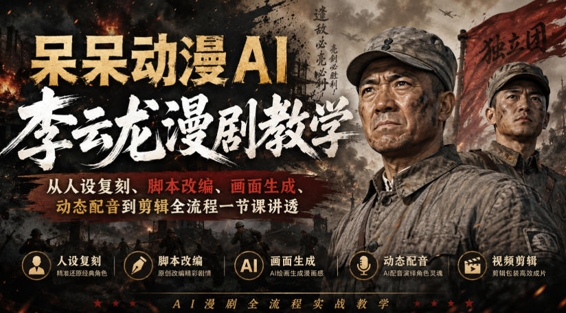 呆呆动漫AI李云龙漫剧教学，从人设复刻、脚本改编、画面生成、动态配音到剪辑全流程一节课讲透瀚萌资源网-网赚网-网赚项目网-虚拟资源网-国学资源网-易学资源网-本站有全网最新网赚项目-易学课程资源-中医课程资源的在线下载网站！瀚萌资源网