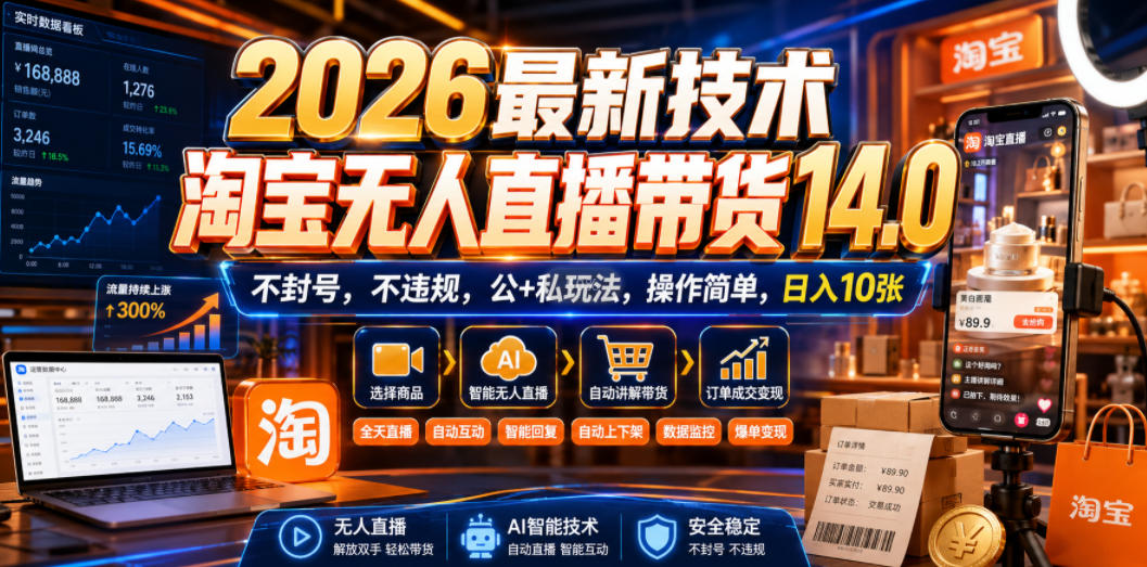 2026最新技术，淘宝无人直播带货14.0，不封号，不违规，公+私玩法，操作简单，日入10张【揭秘】瀚萌资源网-网赚网-网赚项目网-虚拟资源网-国学资源网-易学资源网-本站有全网最新网赚项目-易学课程资源-中医课程资源的在线下载网站！瀚萌资源网