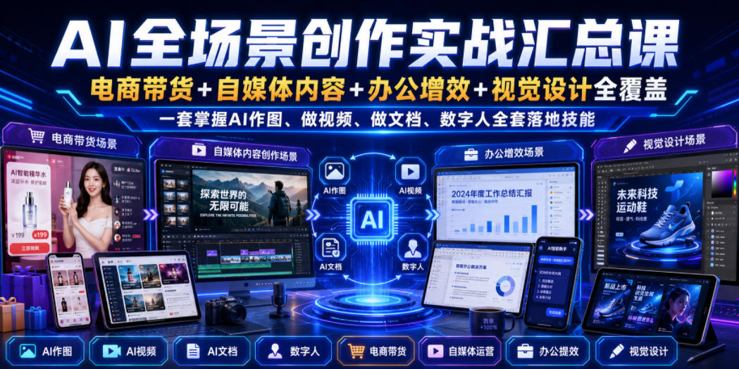 AI全场景创作实战汇总课｜电商带货+自媒体内容+办公增效+视觉设计全覆盖，一套掌握AI作图、做视频、做文档、数字人全套落地技能瀚萌资源网-网赚网-网赚项目网-虚拟资源网-国学资源网-易学资源网-本站有全网最新网赚项目-易学课程资源-中医课程资源的在线下载网站！瀚萌资源网