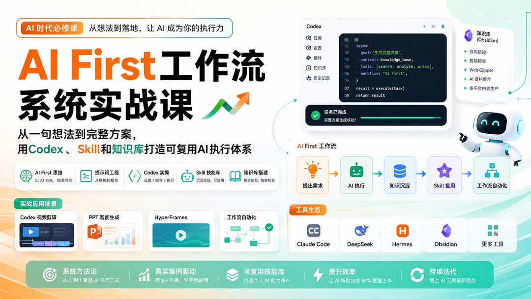 （20104期）AI First工作流系统实战课：从一句想法到完整方案，用Codex、Skill和知识库打造可复用AI执行体系瀚萌资源网-网赚网-网赚项目网-虚拟资源网-国学资源网-易学资源网-本站有全网最新网赚项目-易学课程资源-中医课程资源的在线下载网站！瀚萌资源网