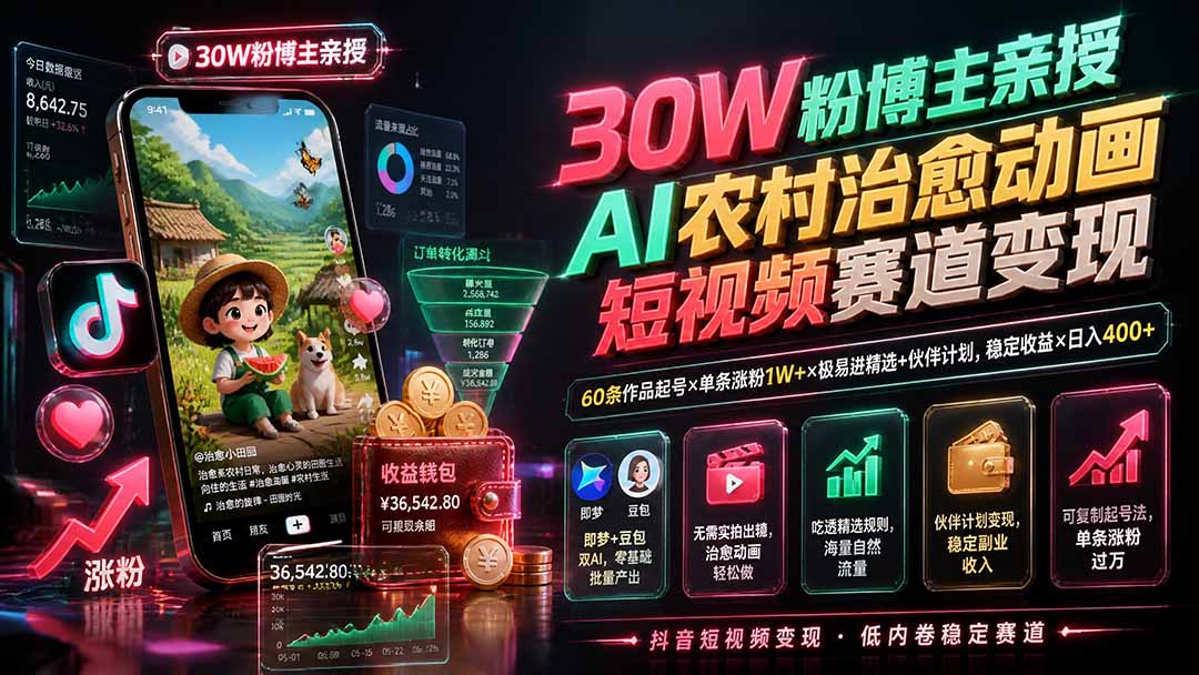 （19648期）30W粉博主亲授AI农村治愈动画短视频赛道变现：60条作品起号×单条涨粉1W+×极易进精选+伙伴计划，稳定收益×日入400+瀚萌资源网-网赚网-网赚项目网-虚拟资源网-国学资源网-易学资源网-本站有全网最新网赚项目-易学课程资源-中医课程资源的在线下载网站！瀚萌资源网