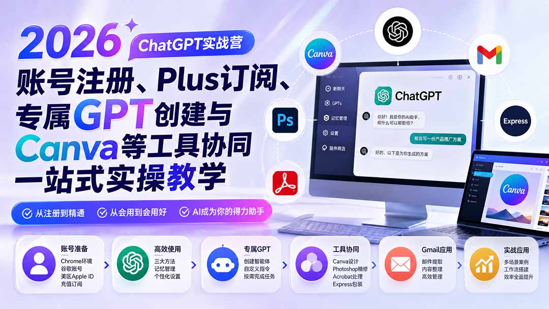 （19924期）2026 ChatGPT实战营；账号注册、Plus订阅、专属GPT创建与Canva等工具协同一站式实操教学瀚萌资源网-网赚网-网赚项目网-虚拟资源网-国学资源网-易学资源网-本站有全网最新网赚项目-易学课程资源-中医课程资源的在线下载网站！瀚萌资源网