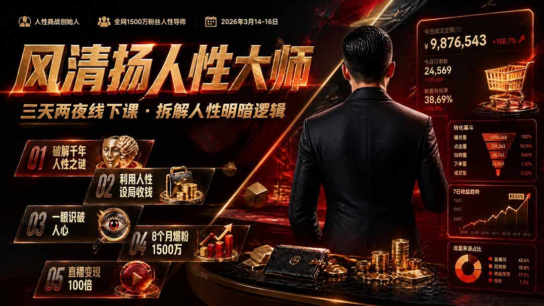 （19676期）风清扬人性大师-三天两夜3月14-16线下课2026年｜拆解人性明暗逻辑，识人避坑，千万粉涨粉+直播百倍变现实战教学瀚萌资源网-网赚网-网赚项目网-虚拟资源网-国学资源网-易学资源网-本站有全网最新网赚项目-易学课程资源-中医课程资源的在线下载网站！瀚萌资源网