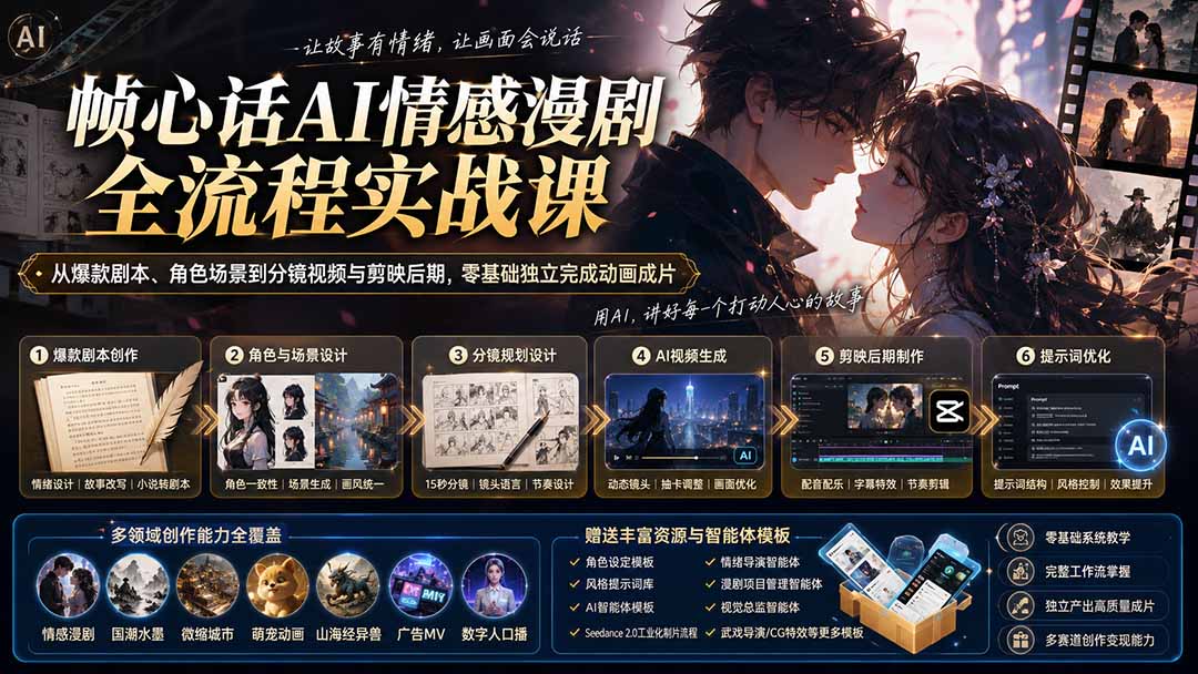 （20036期）帧心话AI情感漫剧全流程实战课：从爆款剧本、角色场景到分镜视频与剪映后期，零基础独立完成动画成片瀚萌资源网-网赚网-网赚项目网-虚拟资源网-国学资源网-易学资源网-本站有全网最新网赚项目-易学课程资源-中医课程资源的在线下载网站！瀚萌资源网