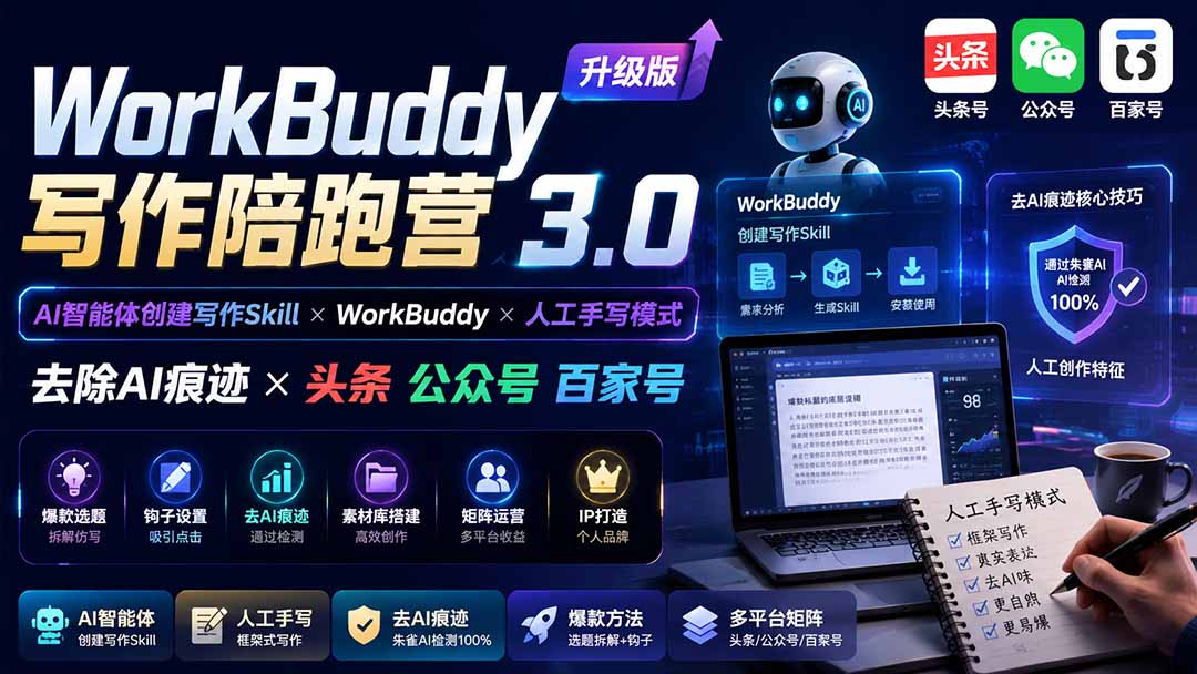 （19720期）WorkBuddy写作陪跑营3.0-更新：Ai智能体创建写作Skill×WorkBuddy×人工手写模式×去除AI痕迹×头条公众号百家号瀚萌资源网-网赚网-网赚项目网-虚拟资源网-国学资源网-易学资源网-本站有全网最新网赚项目-易学课程资源-中医课程资源的在线下载网站！瀚萌资源网
