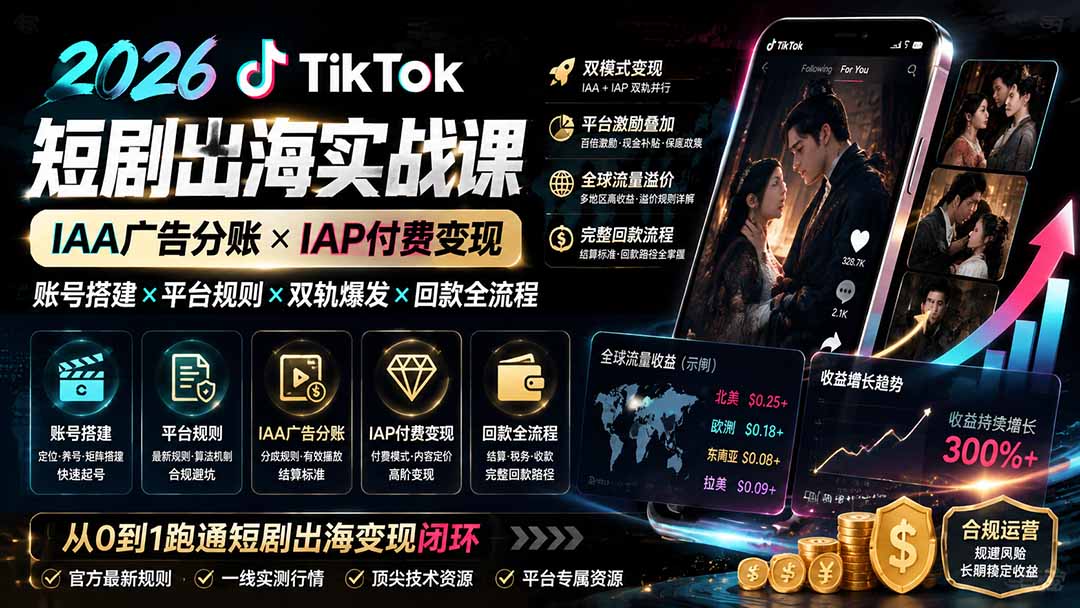 （19740期）2026TikTok短剧出海实战课：IAA广告分账×IAP付费变现×账号搭建×平台规则×双轨爆发×回款全流程瀚萌资源网-网赚网-网赚项目网-虚拟资源网-国学资源网-易学资源网-本站有全网最新网赚项目-易学课程资源-中医课程资源的在线下载网站！瀚萌资源网
