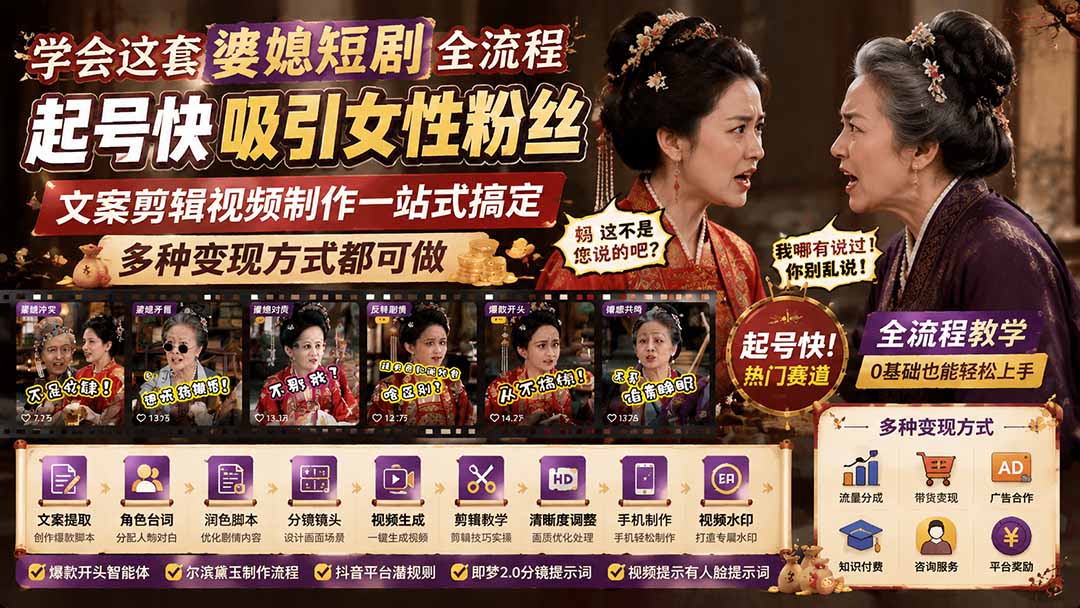 （19704期）学会这套婆媳短剧全流程：起号快吸引女性粉丝，文案剪辑视频制作一站式搞定，多种变现方式都可做瀚萌资源网-网赚网-网赚项目网-虚拟资源网-国学资源网-易学资源网-本站有全网最新网赚项目-易学课程资源-中医课程资源的在线下载网站！瀚萌资源网