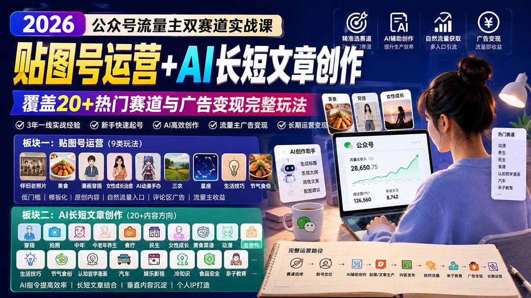 （20153期）公众号流量主双赛道实战课：贴图号运营+AI长短文章创作，覆盖20+热门赛道与广告变现完整玩法瀚萌资源网-网赚网-网赚项目网-虚拟资源网-国学资源网-易学资源网-本站有全网最新网赚项目-易学课程资源-中医课程资源的在线下载网站！瀚萌资源网