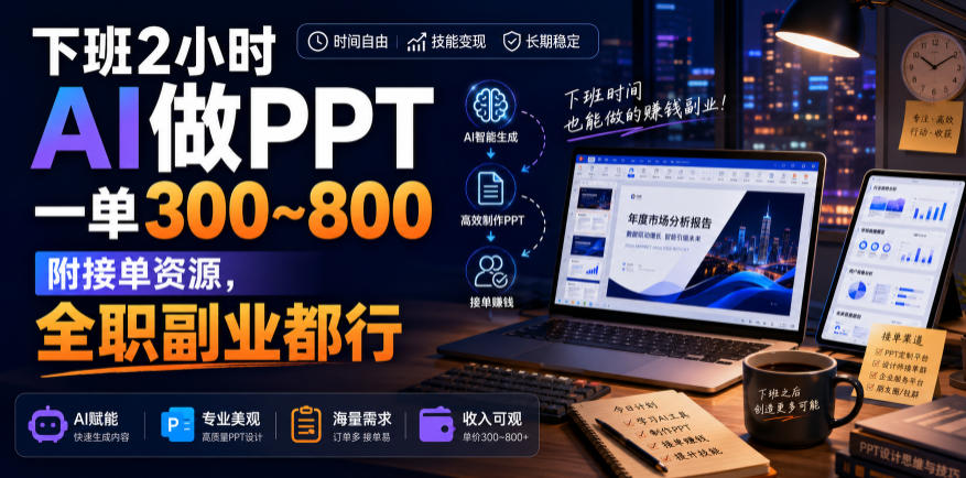 下班2小时AI做PPT,一单300~800,附接单资源,全职副业都行【揭秘】瀚萌资源网-网赚网-网赚项目网-虚拟资源网-国学资源网-易学资源网-本站有全网最新网赚项目-易学课程资源-中医课程资源的在线下载网站!瀚萌资源网