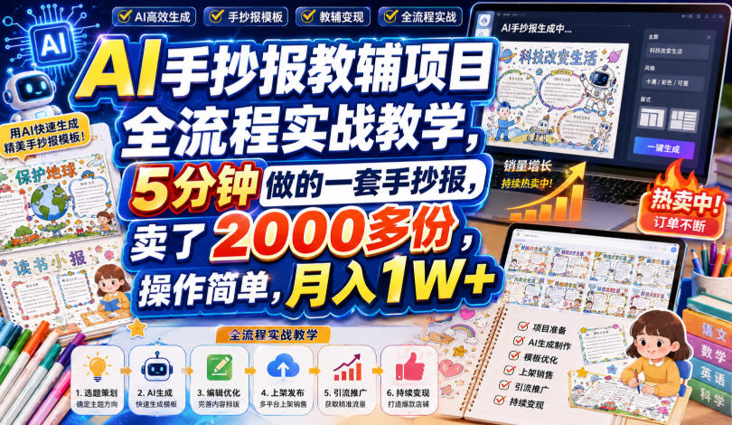 AI手抄报教辅项目全流程实战教学，5分钟做的一套手抄报，卖了2000多份，操作简单，月入1W+瀚萌资源网-网赚网-网赚项目网-虚拟资源网-国学资源网-易学资源网-本站有全网最新网赚项目-易学课程资源-中医课程资源的在线下载网站！瀚萌资源网